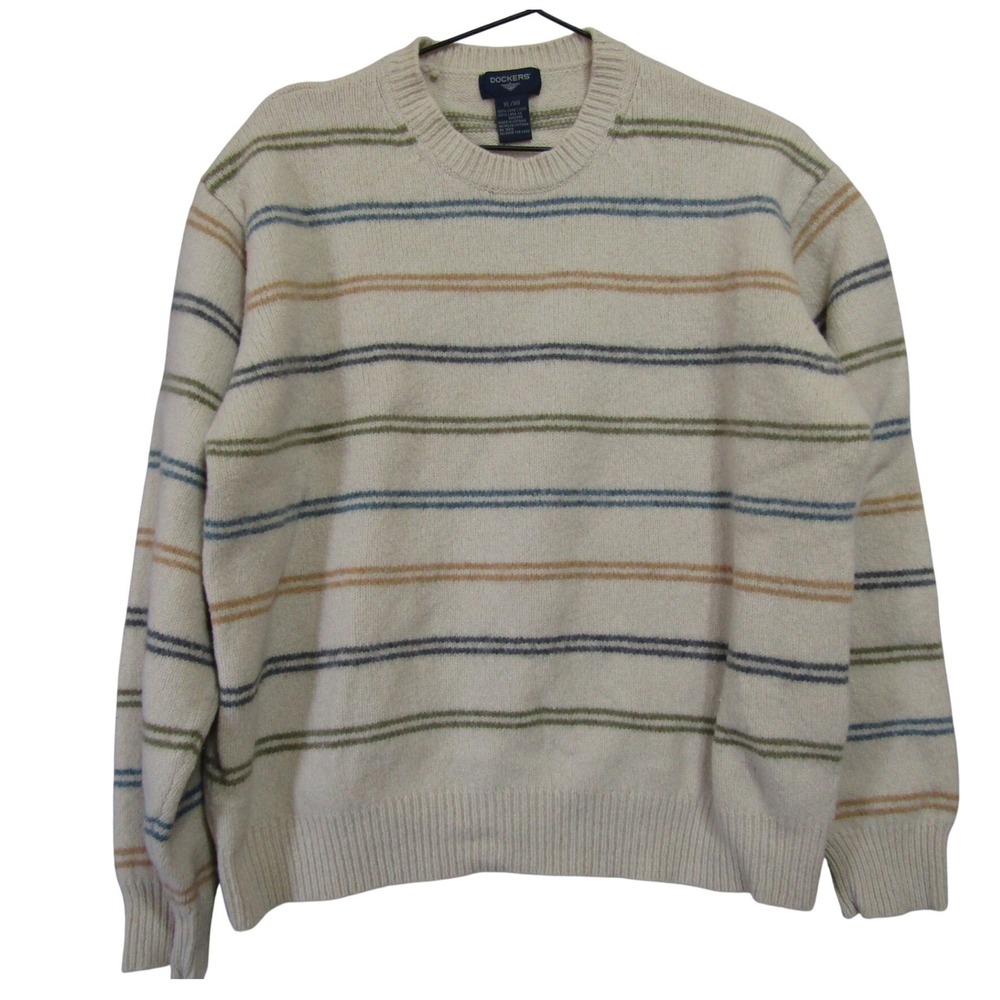 Dockers Striped Sweater Mens XL Beige 100% Lambswool Good Crew Neck Long Sleeve